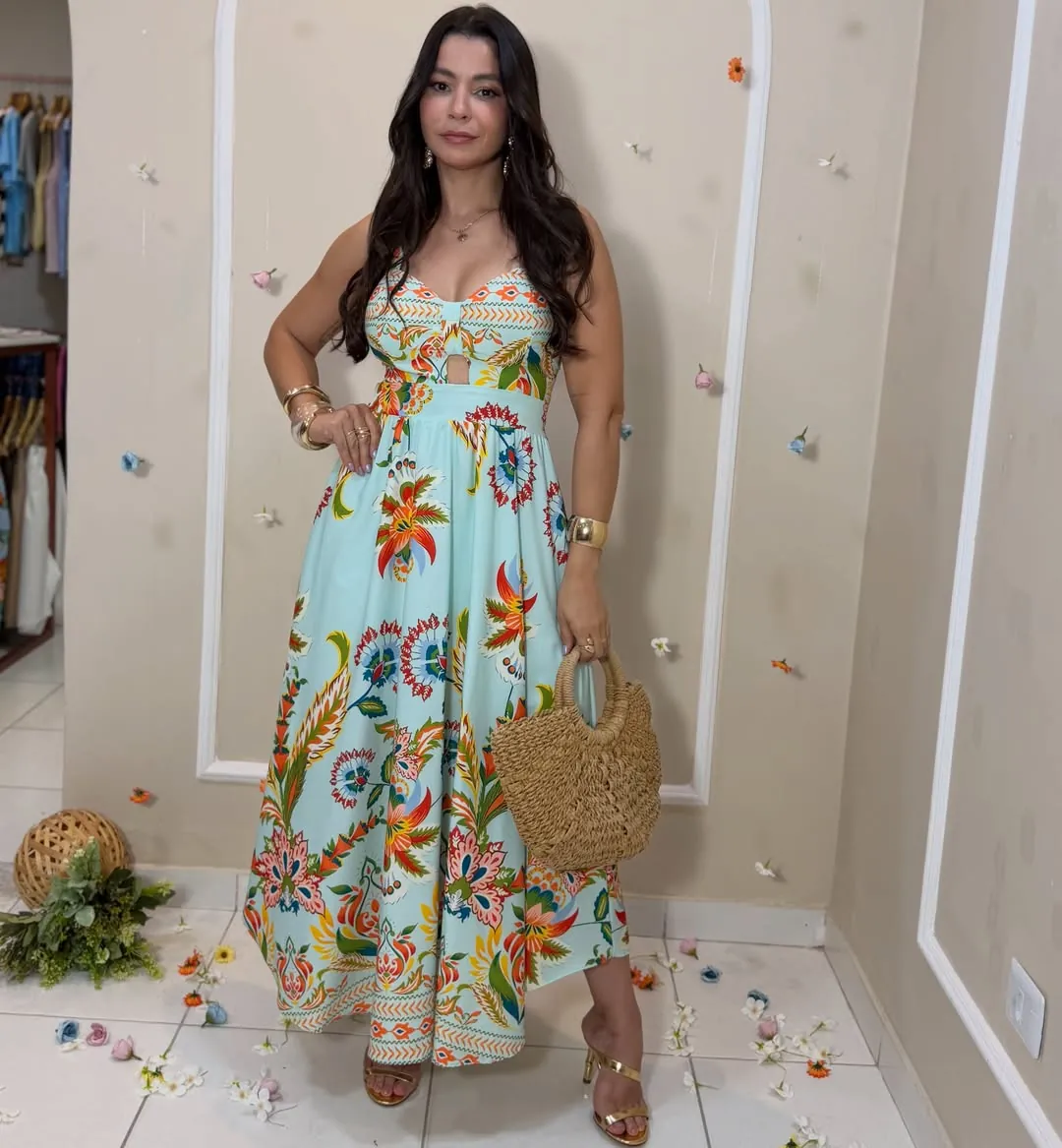 Vestido longo com estampa tropical